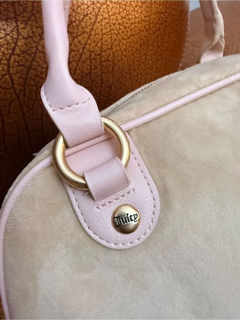 Juicy Couture Blush Pink Suede and Leather Satchel with Pom-Pom Charm
